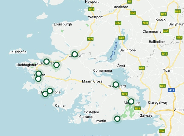 Map highlighting features around County Galway